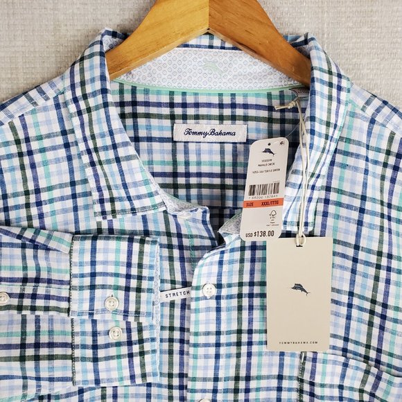 NEW $138 TOMMY BAHAMA Size 3XL Mens Mahalo Check Linen/Poly Button Down Shirt